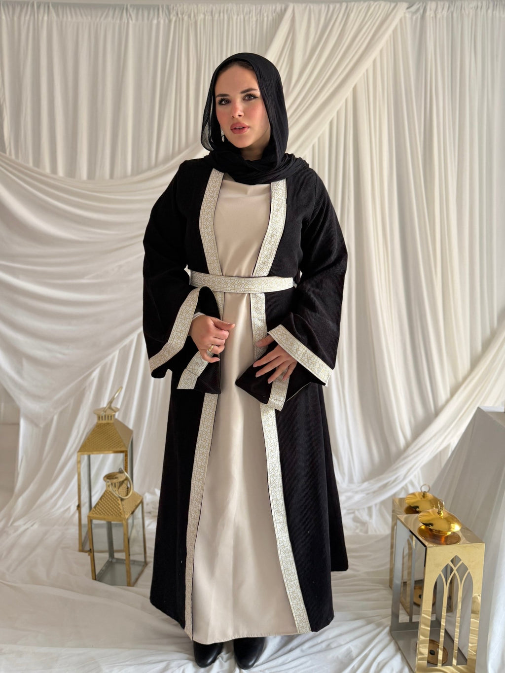 2 - Pieces Black Durra Kaftan ( Kaftan + Basic Abaya ) - ATHWAB