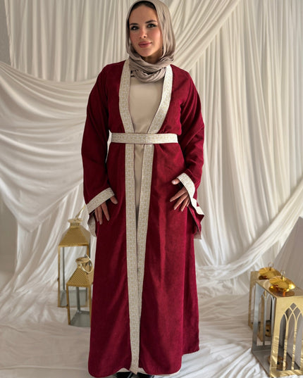 2 - Pieces Burgundy Durra Kaftan ( Kaftan + Basic Abaya ) - ATHWAB