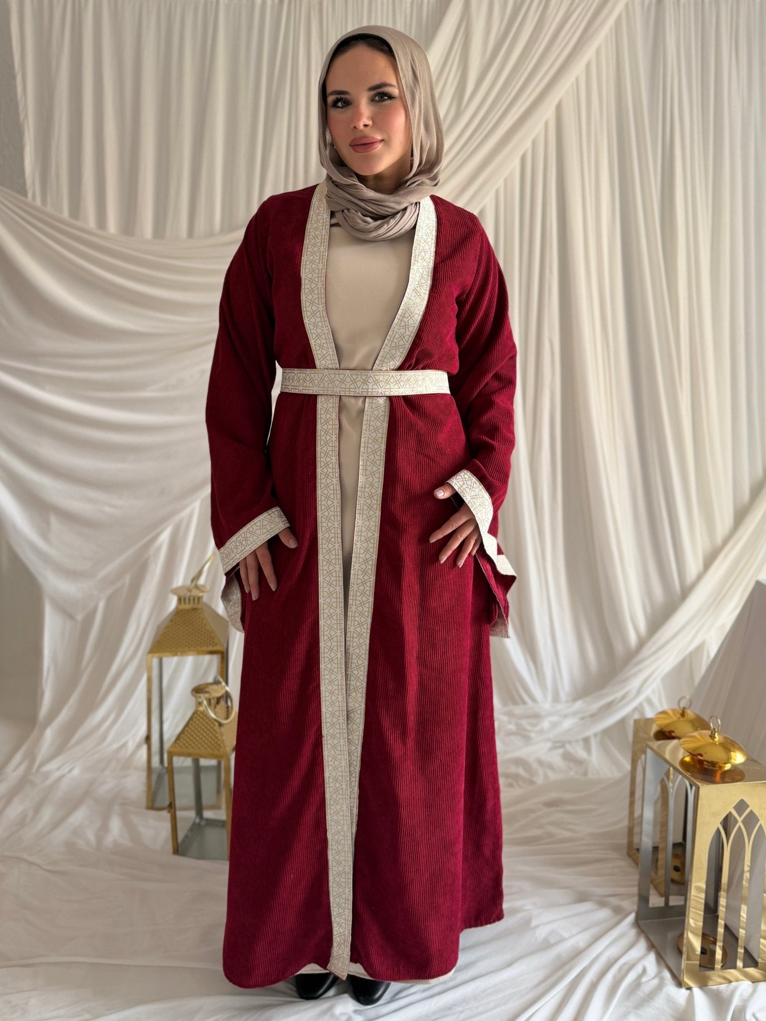 2 - Pieces Burgundy Durra Kaftan ( Kaftan + Basic Abaya ) - ATHWAB