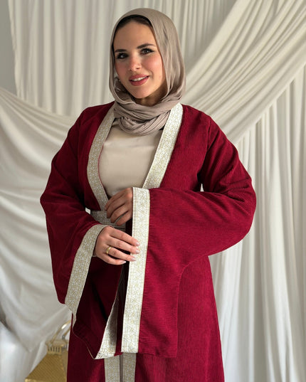 2 - Pieces Burgundy Durra Kaftan ( Kaftan + Basic Abaya ) - ATHWAB