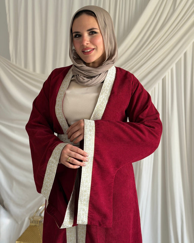 2 - Pieces Burgundy Durra Kaftan ( Kaftan + Basic Abaya ) - ATHWAB