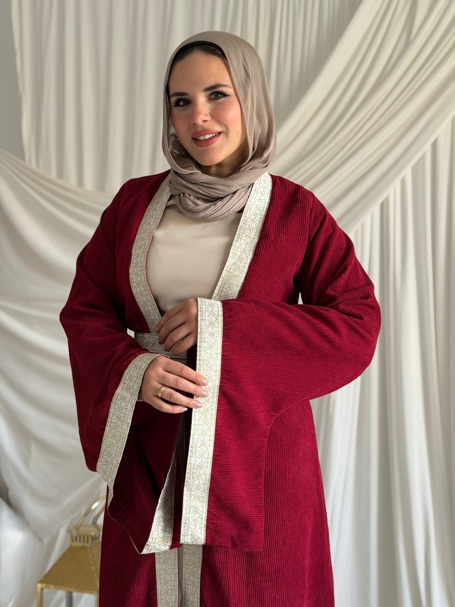 2 - Pieces Burgundy Durra Kaftan ( Kaftan + Basic Abaya ) - ATHWAB