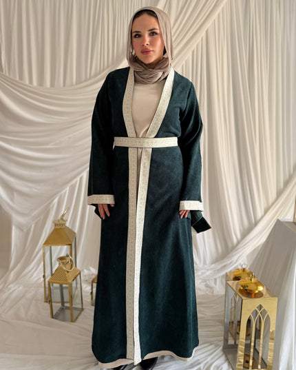 2 - Pieces Olive Green Durra Kaftan ( Kaftan + Basic Abaya ) - ATHWAB