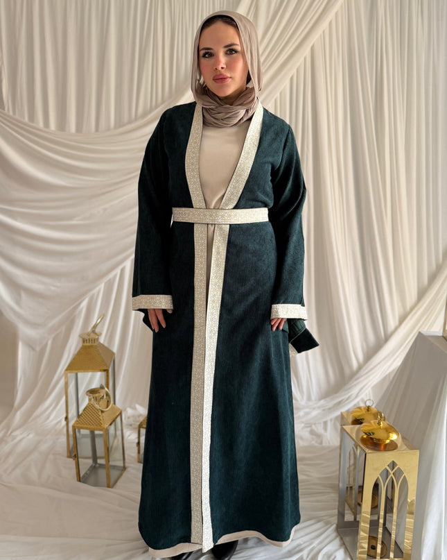 2 - Pieces Olive Green Durra Kaftan ( Kaftan + Basic Abaya ) - ATHWAB