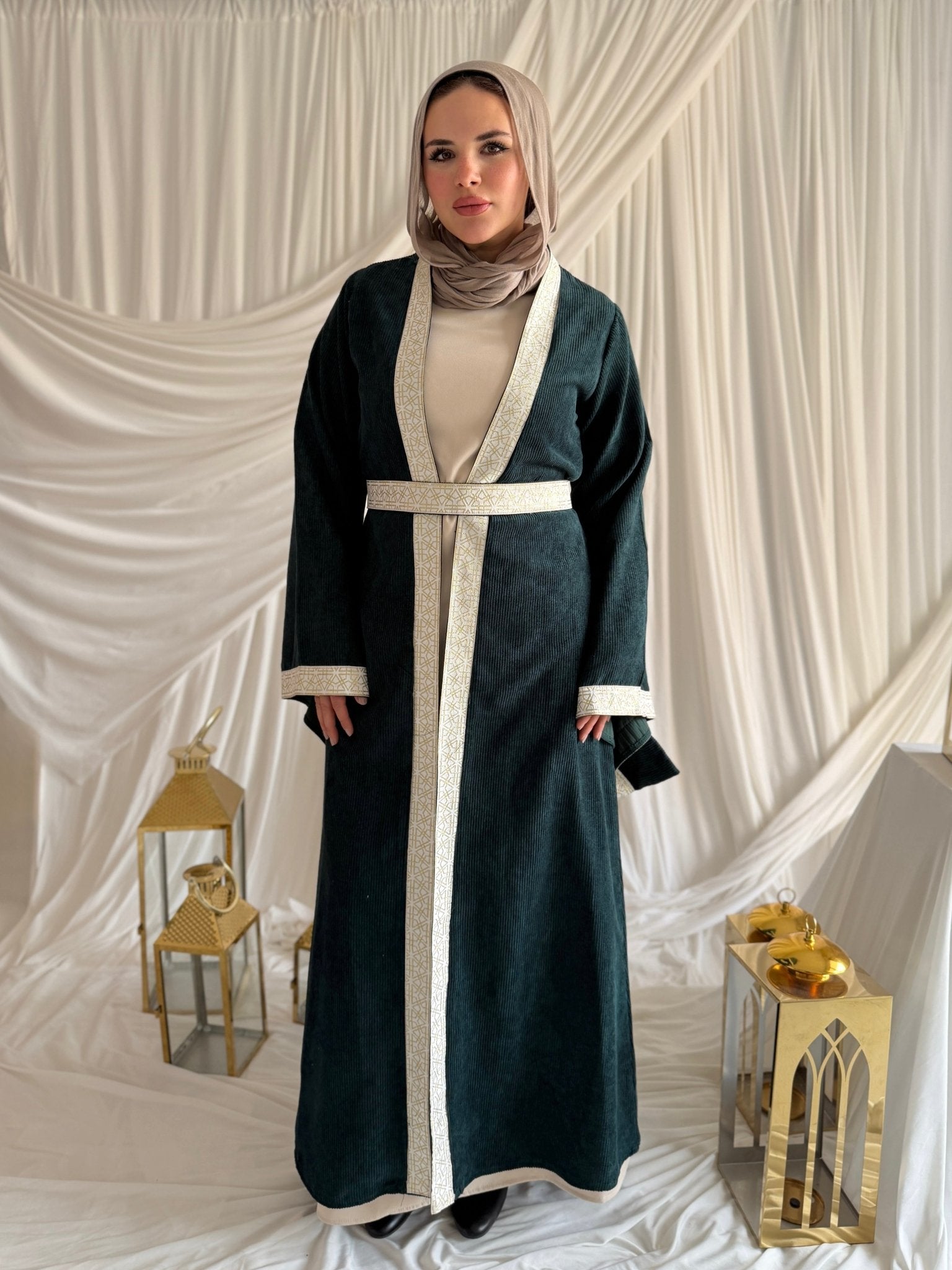 2 - Pieces Olive Green Durra Kaftan ( Kaftan + Basic Abaya ) - ATHWAB