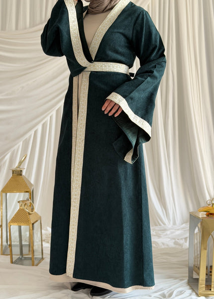 2 - Pieces Olive Green Durra Kaftan ( Kaftan + Basic Abaya ) - ATHWAB