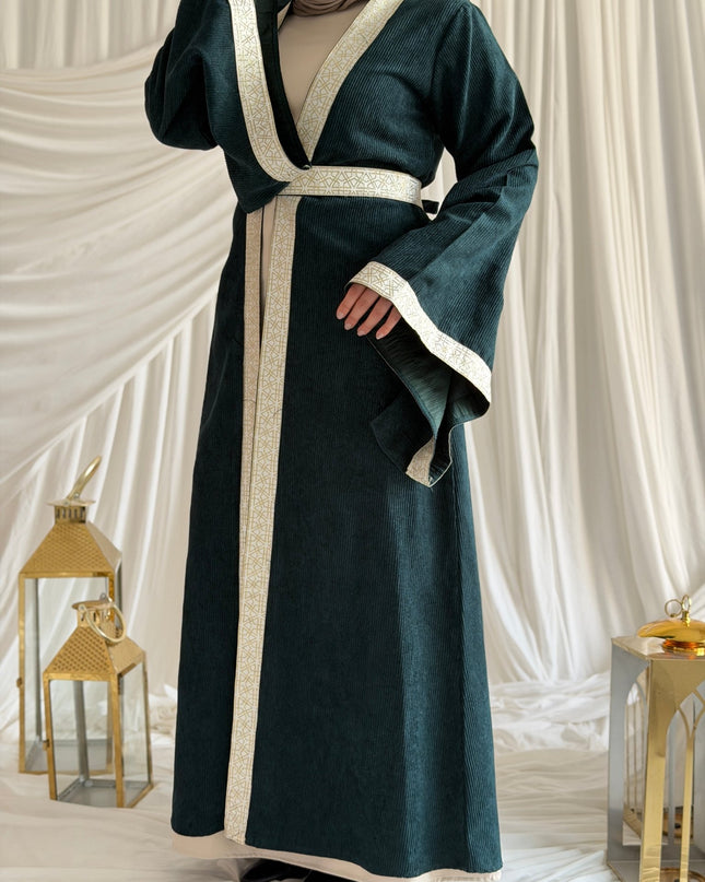 2 - Pieces Olive Green Durra Kaftan ( Kaftan + Basic Abaya ) - ATHWAB