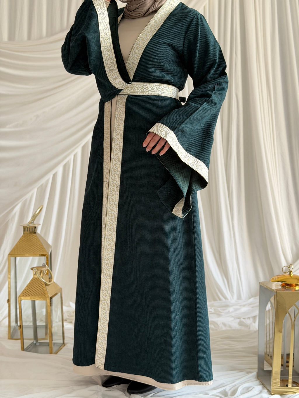 2 - Pieces Olive Green Durra Kaftan ( Kaftan + Basic Abaya ) - ATHWAB