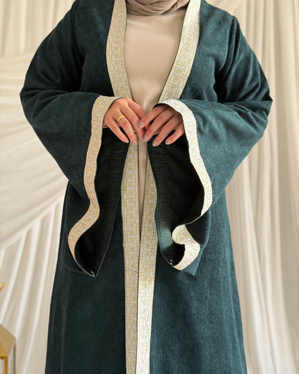 2 - Pieces Olive Green Durra Kaftan ( Kaftan + Basic Abaya ) - ATHWAB