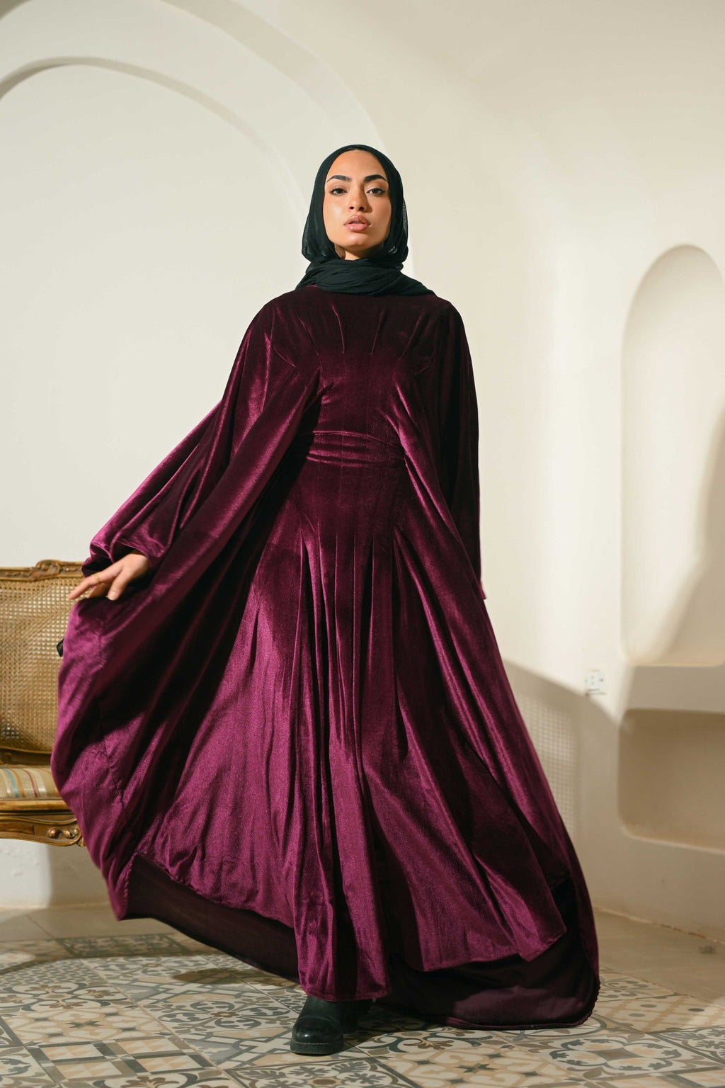 Burgundy Noor Velvet Abaya - ATHWAB