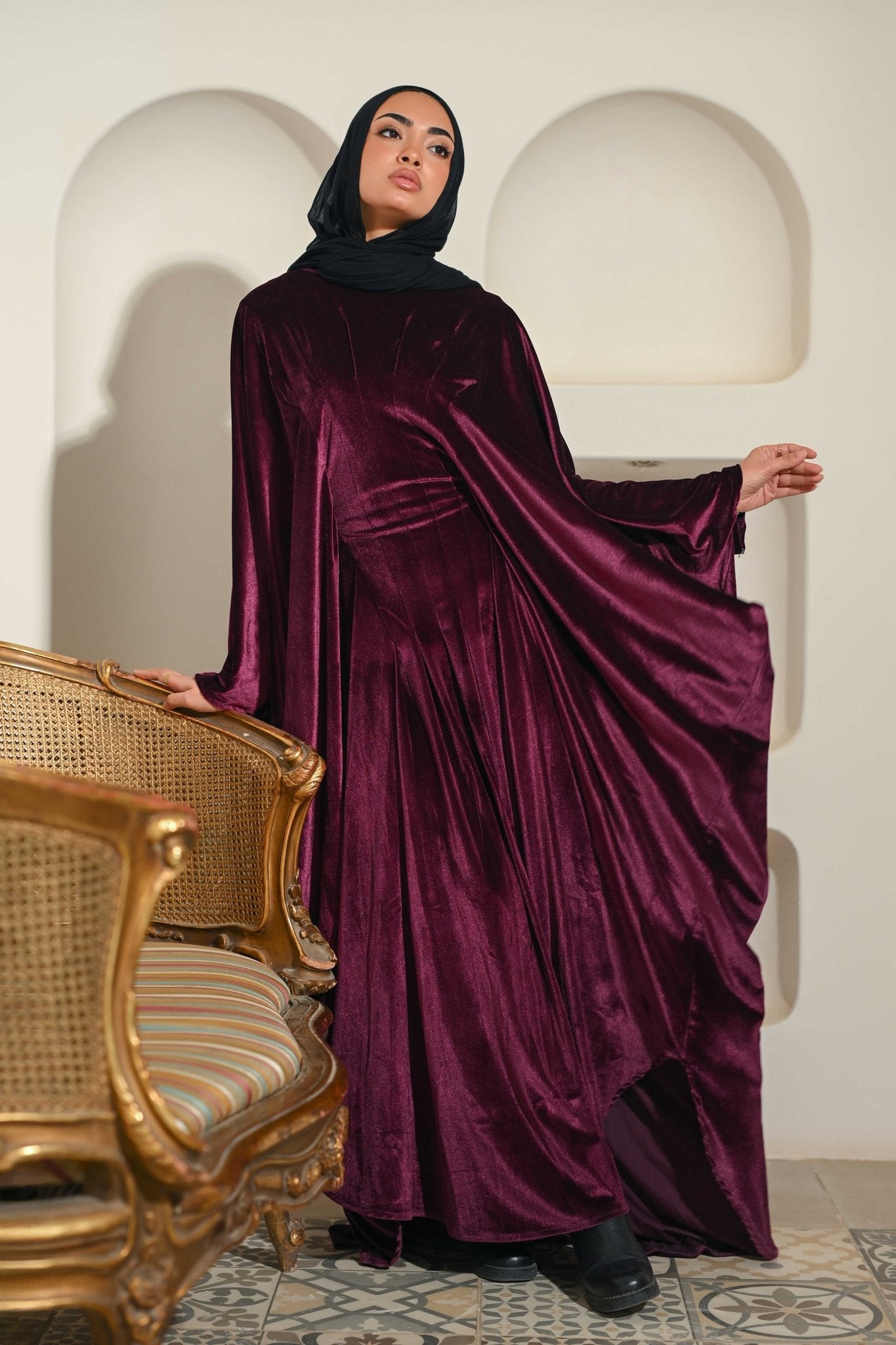 Burgundy Noor Velvet Abaya - ATHWAB
