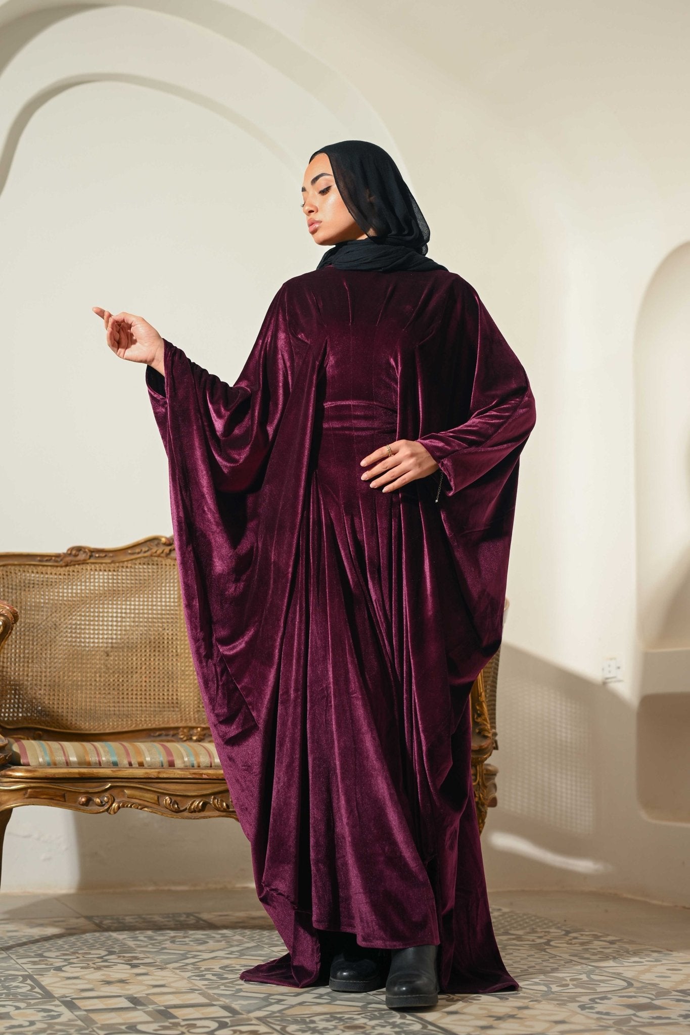 Burgundy Noor Velvet Abaya - ATHWAB