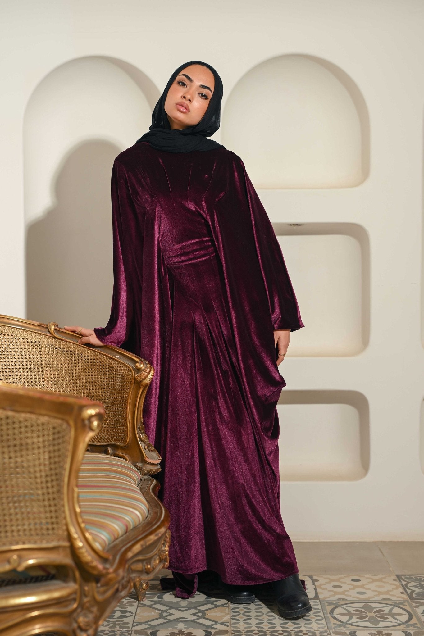 Burgundy Noor Velvet Abaya - ATHWAB