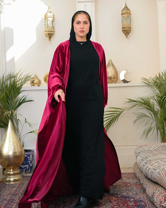 Dark Red Layali Velvet Abaya - ATHWAB