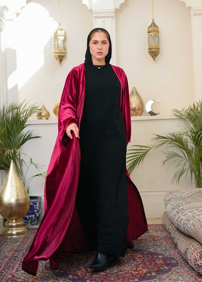 Dark Red Layali Velvet Abaya - ATHWAB