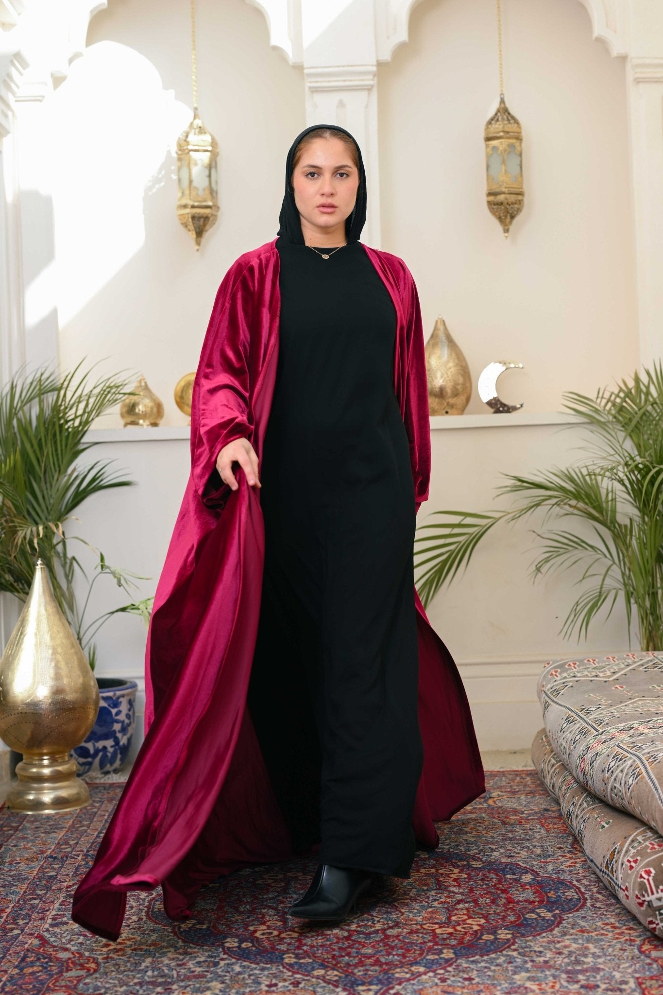 Dark Red Layali Velvet Abaya - ATHWAB