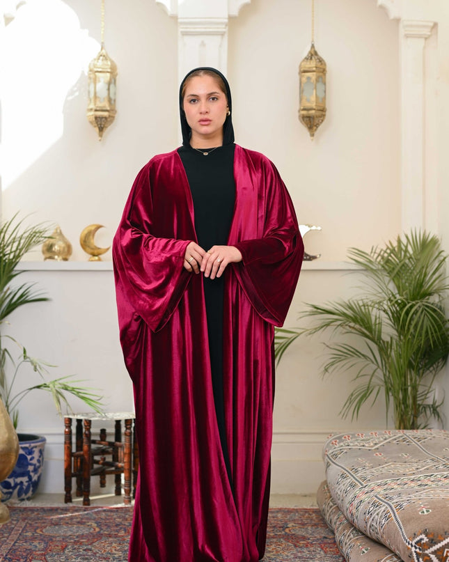 Dark Red Layali Velvet Abaya - ATHWAB