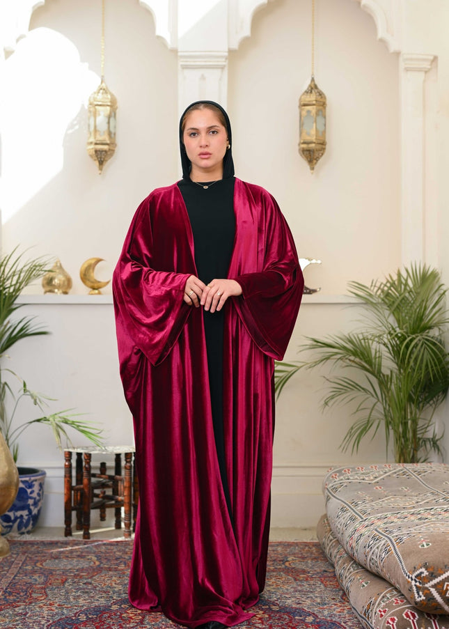 Dark Red Layali Velvet Abaya - ATHWAB