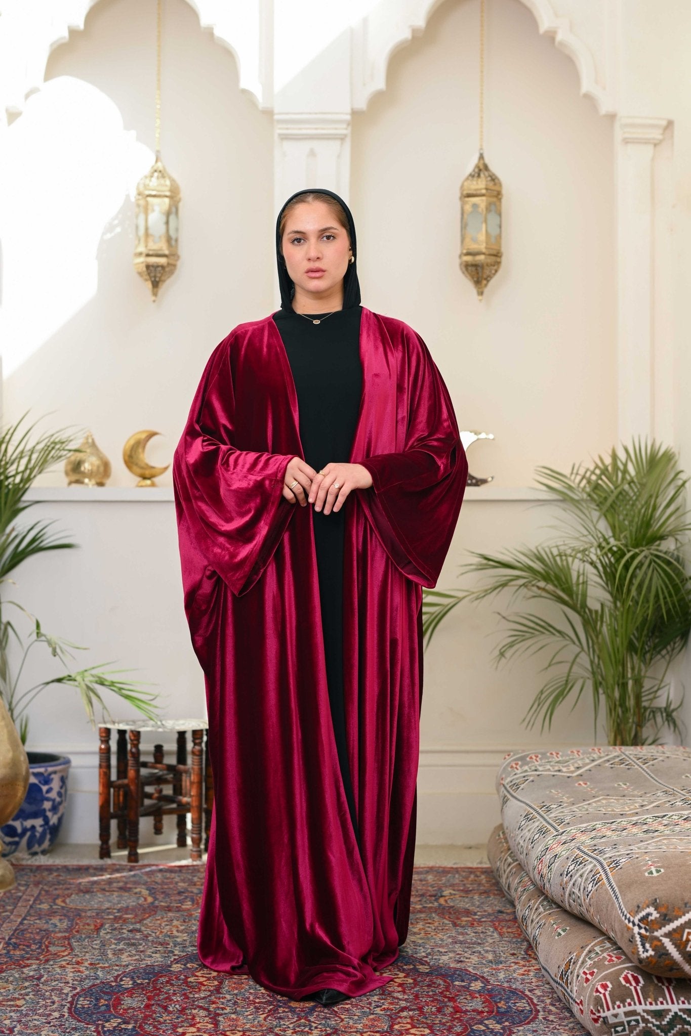 Dark Red Layali Velvet Abaya - ATHWAB
