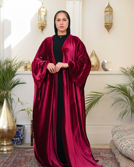 Dark Red Layali Velvet Abaya - ATHWAB
