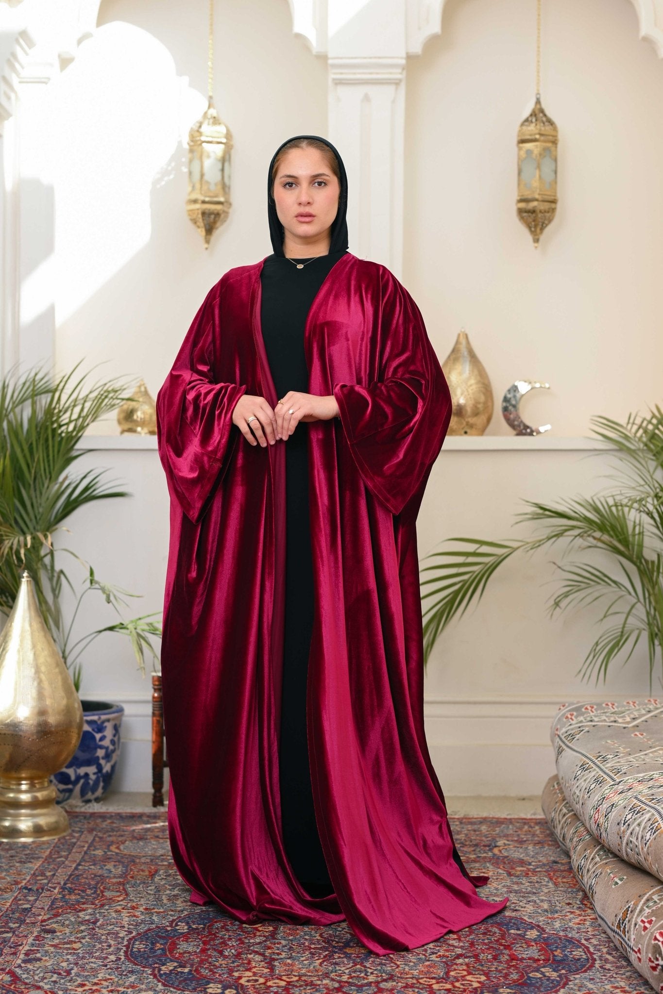 Dark Red Layali Velvet Abaya - ATHWAB