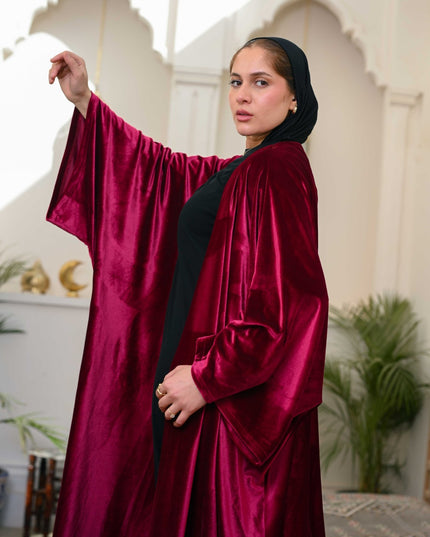 Dark Red Layali Velvet Abaya - ATHWAB