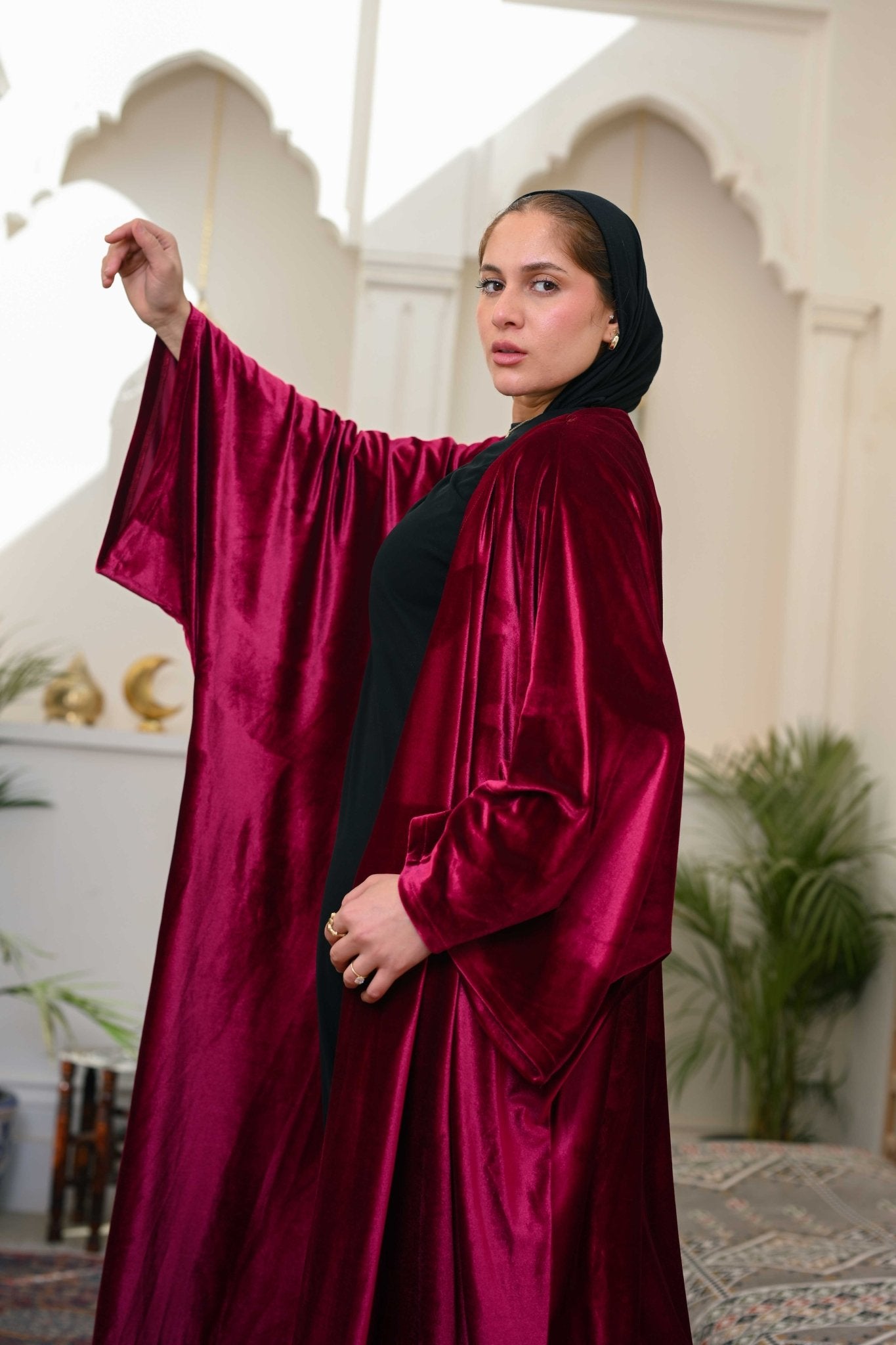 Dark Red Layali Velvet Abaya - ATHWAB