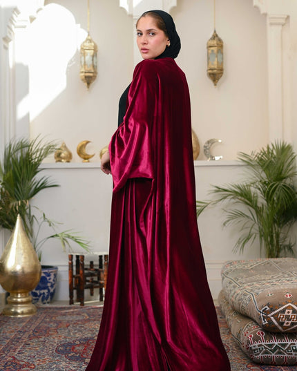 Dark Red Layali Velvet Abaya - ATHWAB