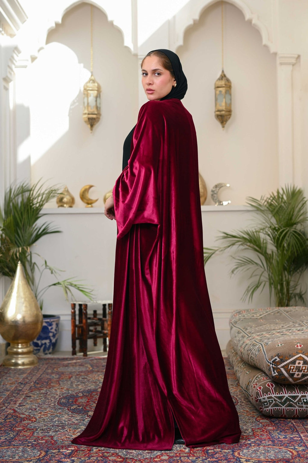 Dark Red Layali Velvet Abaya - ATHWAB