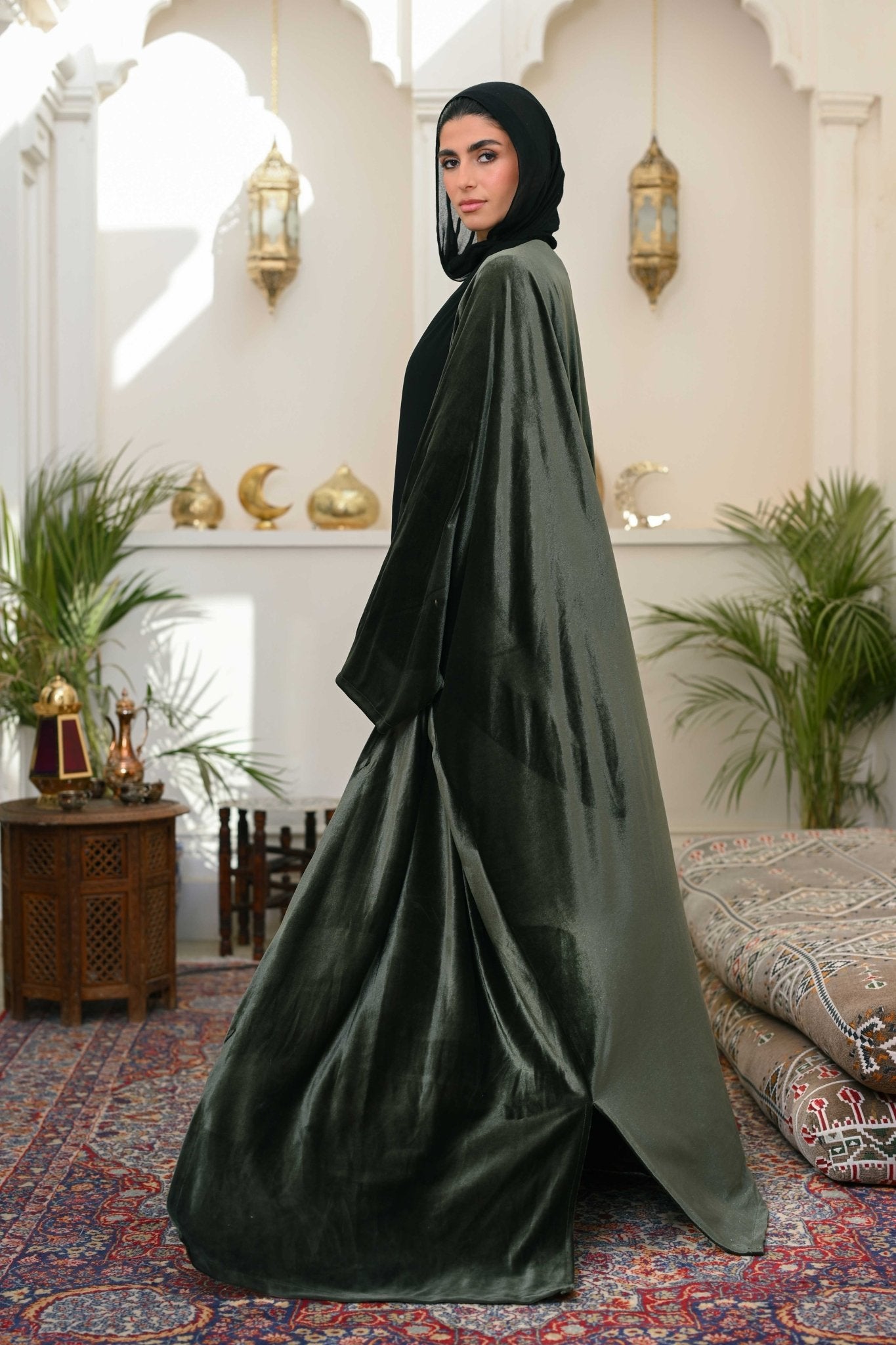 Olive Layali Velvet Abaya - ATHWAB