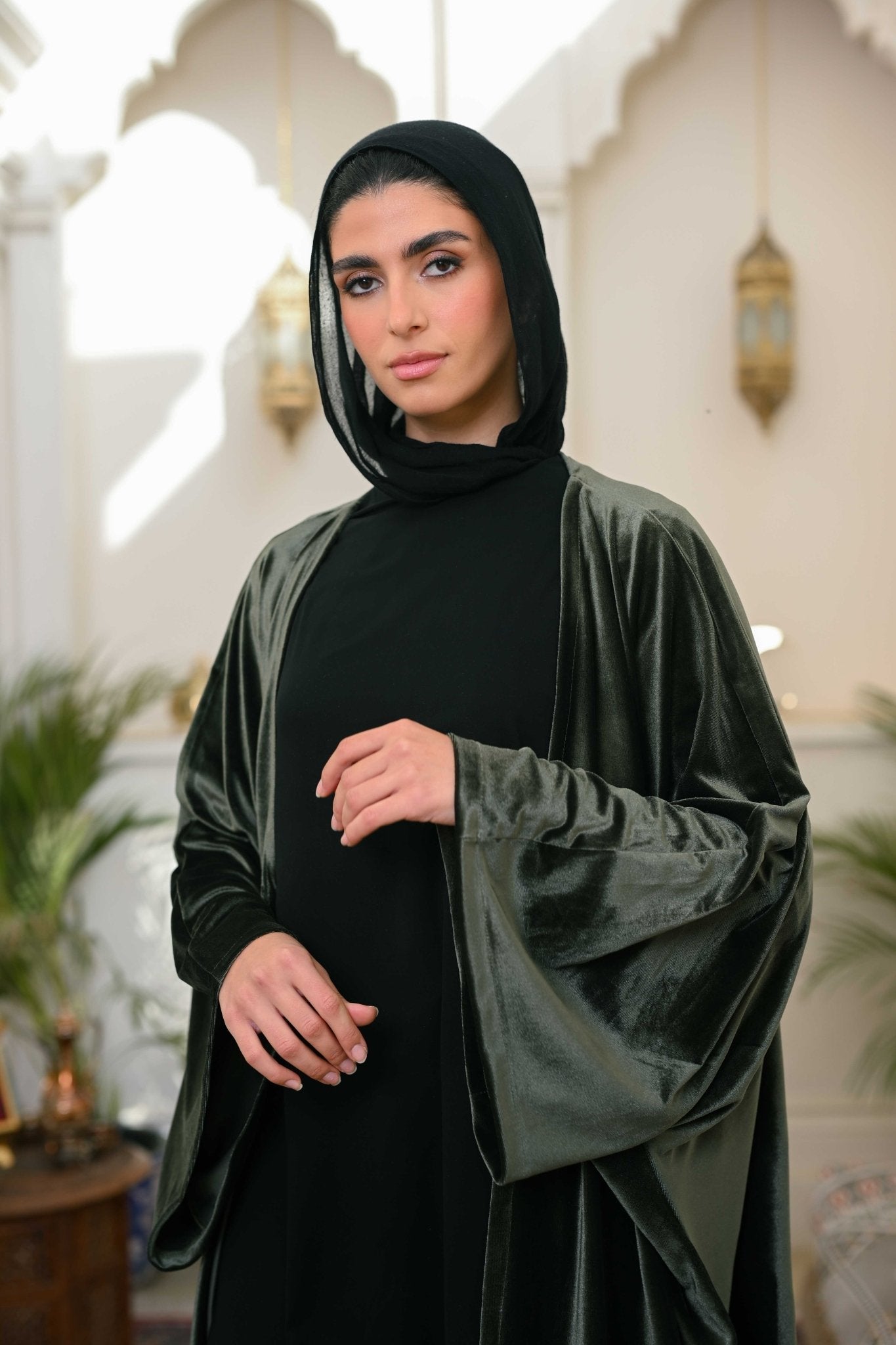 Olive Layali Velvet Abaya - ATHWAB