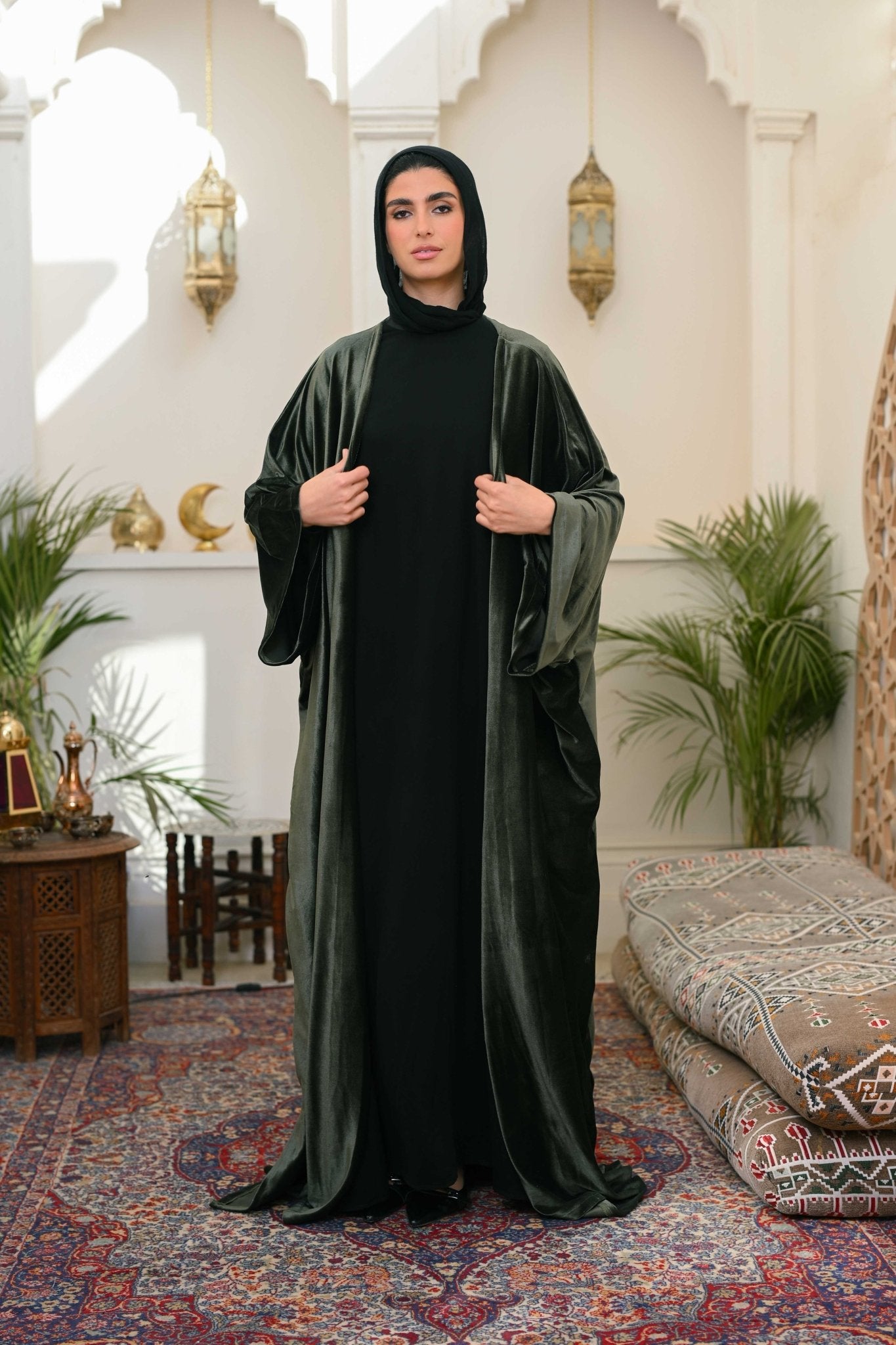 Olive Layali Velvet Abaya - ATHWAB
